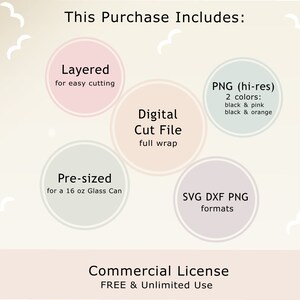 May include: This purchase includes a layered digital cut file for easy cutting, pre-sized for a 16 oz glass can, high-resolution PNG files in black and pink and black and orange, and SVG, DXF, and PNG formats. It also includes a commercial license for free and unlimited use.