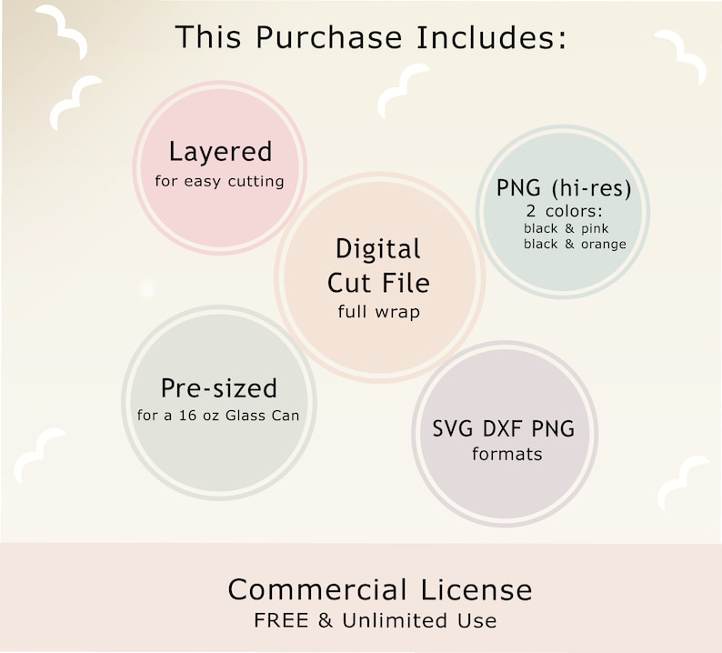 May include: This purchase includes a layered digital cut file for easy cutting, pre-sized for a 16 oz glass can, high-resolution PNG files in black and pink and black and orange, and SVG, DXF, and PNG formats. It also includes a commercial license for free and unlimited use.