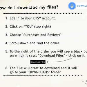 May include: A step-by-step guide on how to download files from Etsy. The guide includes six steps with a blue arrow pointing to the word "DOWNLOAD" in the top right corner of the image.