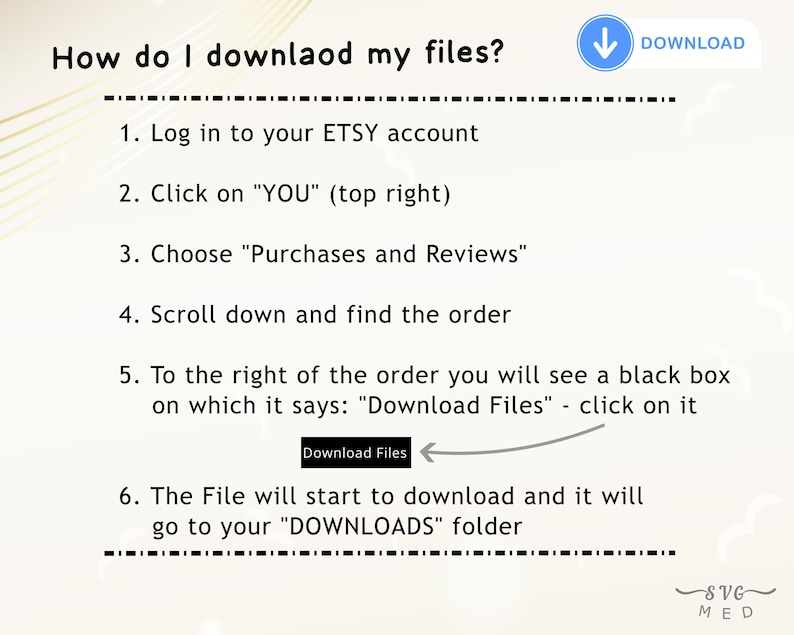 May include: A step-by-step guide on how to download files from Etsy. The guide includes six steps with a blue arrow pointing to the word "DOWNLOAD" in the top right corner of the image.