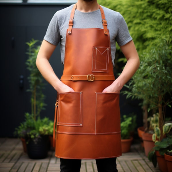 Leather Gardening Apron, Personalized Leather Work Apron for Men and Women, Tool Apron with Pockets and Adjustable Leather Strap.