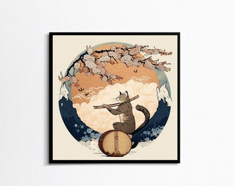 Cat Plays Taiko Drum by the Beach Japanese Hokusai Style Digital Art For Cat mom gift for Mother’s Day