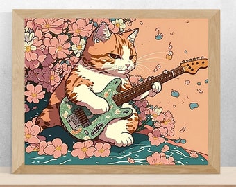 Tiger Cat Playing Guitar in Spring Flowers Japanese Ukiyo-E style Digital Art Music lovers gift for COOL Cat mom high quality 300 DPI
