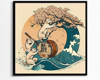 Cats Playing Taiko Drum under Cherry Blossom | Japanese Hokusai Style | Digital Art | Perfect Gift for Mother’s Day for Cool cat mom