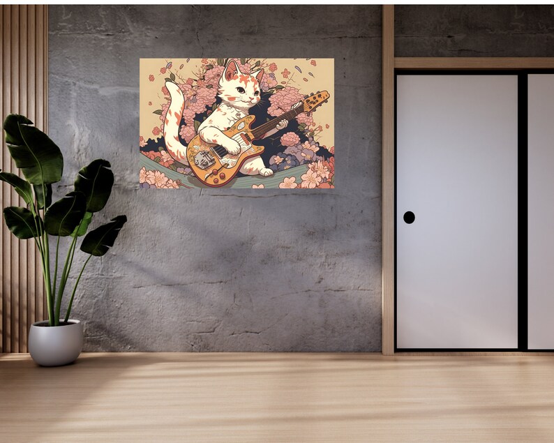 May include: A white cat with orange and black markings plays an electric guitar in a field of pink flowers. The cat is wearing a pink collar and has a pink flower in its ear.