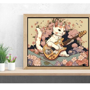 May include: A white cat with orange markings plays a yellow electric guitar in a field of pink and purple flowers. The cat is wearing a collar with a charm. The background is a light beige color.