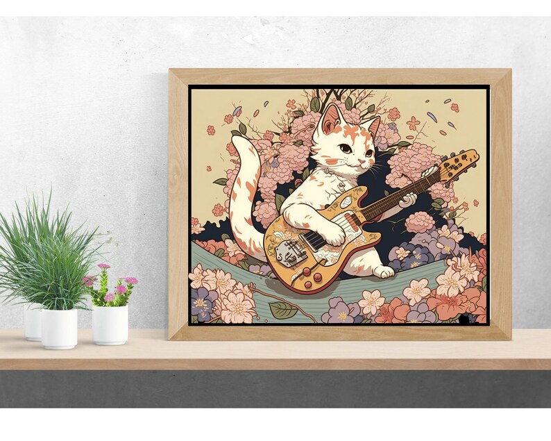 May include: A white cat with orange markings plays a yellow electric guitar in a field of pink and purple flowers. The cat is wearing a collar with a charm. The background is a light beige color.