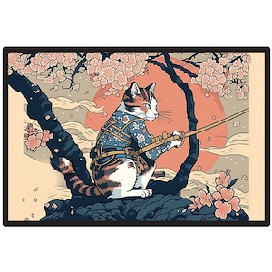 Samurai Cat Fishing from Rock under Cherry Blossoms Japanese Ukiyoe Style Digital Art unique gift for cat lovers