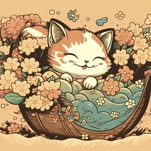 Cute Kitten Bathing | Japanese Ukiyo-e Style Digital Art | Great Spring Gift idea