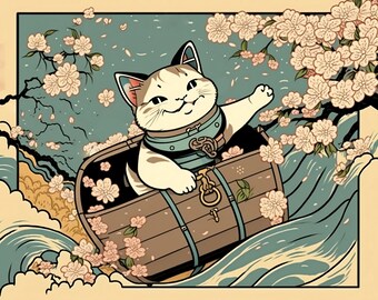 Kitten in a Treasure Chest Japanese Ukiyo-e Style Digital Art gift for Cat lovers unique gifts