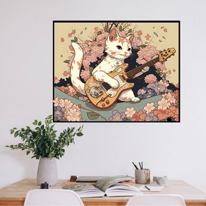 May include: A white and orange cat with green eyes plays a yellow electric guitar in a field of pink and purple flowers. The cat is wearing a silver necklace.