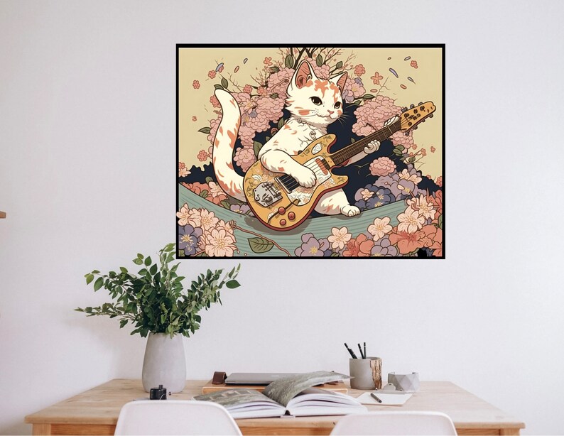 May include: A white and orange cat with green eyes plays a yellow electric guitar in a field of pink and purple flowers. The cat is wearing a silver necklace.