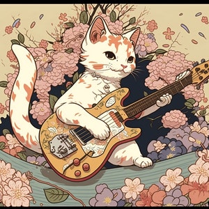 May include: A white cat with orange markings plays a yellow electric guitar with a floral design. The cat is surrounded by pink and white cherry blossoms.