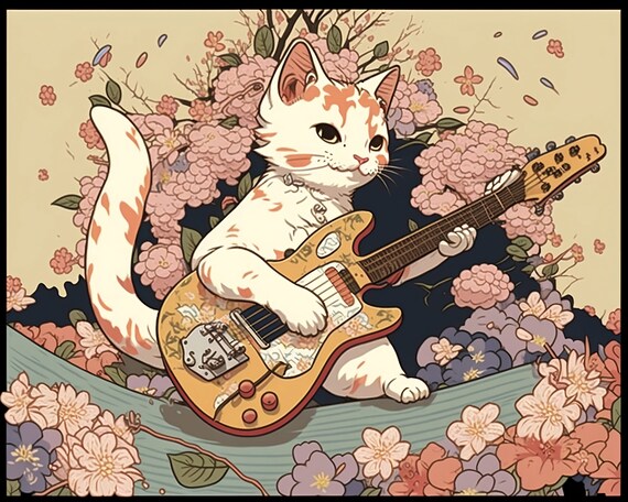 Spotted Cat Plays Electric Guitar in Flower Garden Japanese Ukiyoe Style Digital Art for Music lovers gift for Cat mom