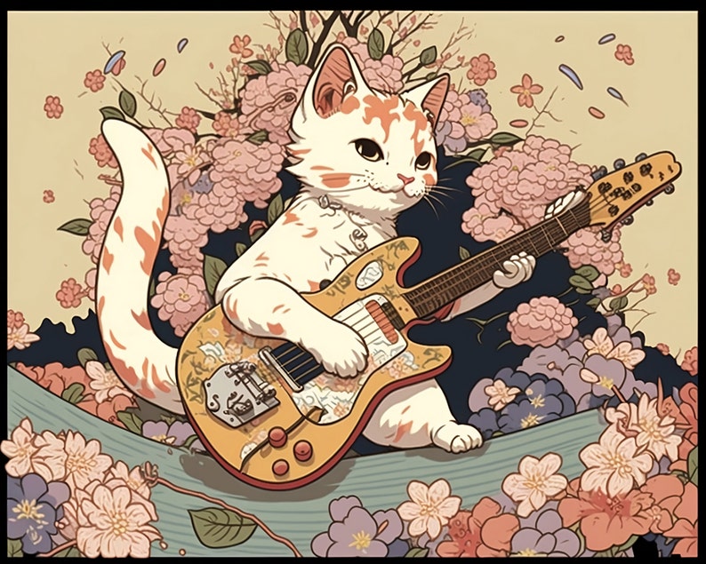 May include: A white cat with orange markings plays a yellow electric guitar with a floral design. The cat is surrounded by pink and white cherry blossoms.