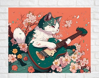 Cat Playing Electric Guitar in Flower Garden | Japanese Ukiyo-e style | Digital Art