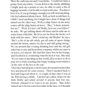 Puede incluir: Una p&aacute;gina de texto en blanco y negro con una historia sobre un hombre llamado Wally que estaba en bancarrota despu&eacute;s de dejar el ej&eacute;rcito. Encontr&oacute; un boleto de loter&iacute;a ganador y lo vendi&oacute; por una gran suma de dinero.