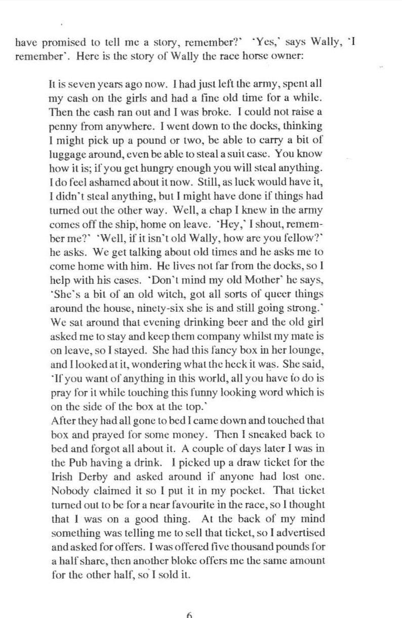Puede incluir: Una p&aacute;gina de texto en blanco y negro con una historia sobre un hombre llamado Wally que estaba en bancarrota despu&eacute;s de dejar el ej&eacute;rcito. Encontr&oacute; un boleto de loter&iacute;a ganador y lo vendi&oacute; por una gran suma de dinero.