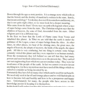 Puede incluir: Una p&aacute;gina de texto en blanco y negro con el t&iacute;tulo "The Power of the Logos" y un subt&iacute;tulo "Logo: Son of God (Oxford Dictionary)". El texto trata sobre los or&iacute;genes de la humanidad y el papel de las estrellas en nuestro destino.