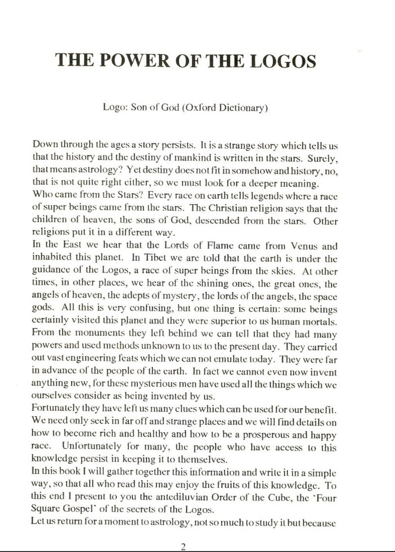 Puede incluir: Una p&aacute;gina de texto en blanco y negro con el t&iacute;tulo "The Power of the Logos" y un subt&iacute;tulo "Logo: Son of God (Oxford Dictionary)". El texto trata sobre los or&iacute;genes de la humanidad y el papel de las estrellas en nuestro destino.