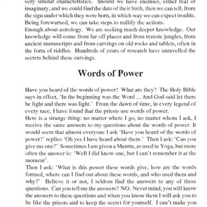 Puede incluir: Una p&aacute;gina de un libro con el t&iacute;tulo "Palabras de poder" y texto sobre el poder de las palabras. El texto trata sobre el uso de las palabras en leyendas y religiones antiguas, y c&oacute;mo pueden usarse para influir en los dem&aacute;s.