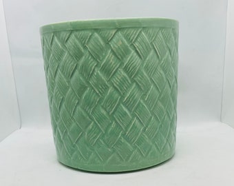 HAEGER Large soft green PLANTER 7.5 inch diameter, basket weave- Made in the USA