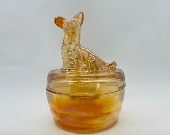 Carnival Glass Jeanette Scottie Dog Trinket dish, 1940&#39;s powder box, jewelry dish, marigold