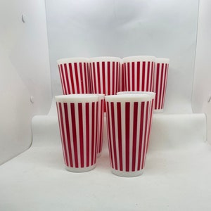 Set of 10, Hazel Atlas Candy Striped Glasses, milkglass with red stripes, retro, MCM, tumblers