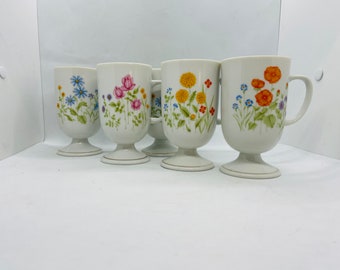 Wildflower PEDESTAL Mugs, set of 5, Made in JAPAN, Gold trim