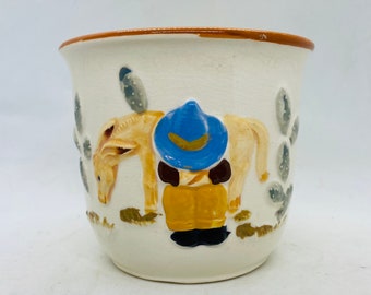 Cowboy, horse and cactus planter, Made in Japan 4" planter pot