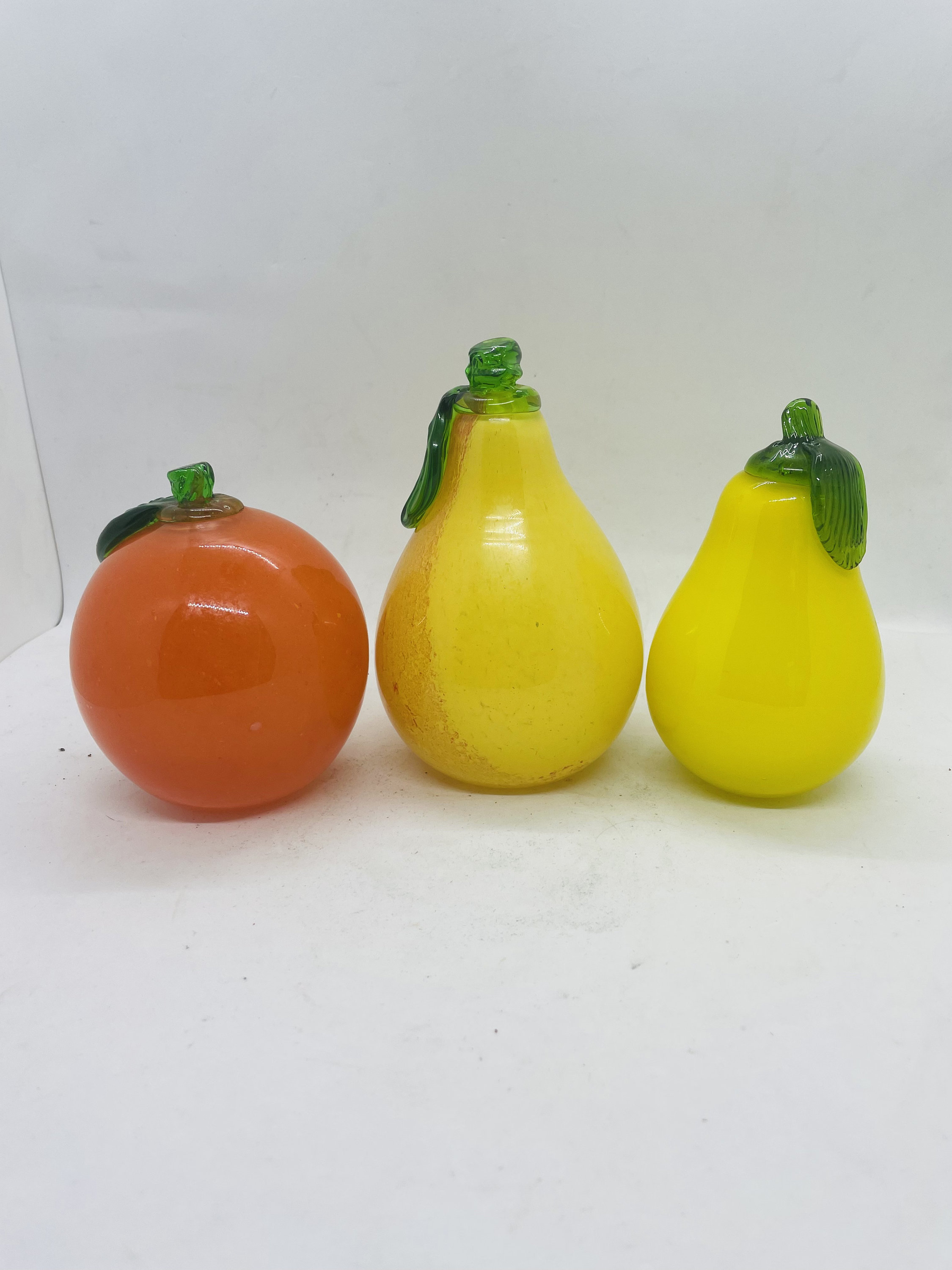Vintage Glass Fruit, blown glass, orange, two sizes of pears