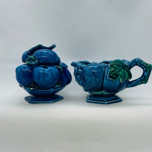Blue Indigo 2 piece Inarco Cream and Sugar set with lid, Made in Japan, 3D fruit Majolica