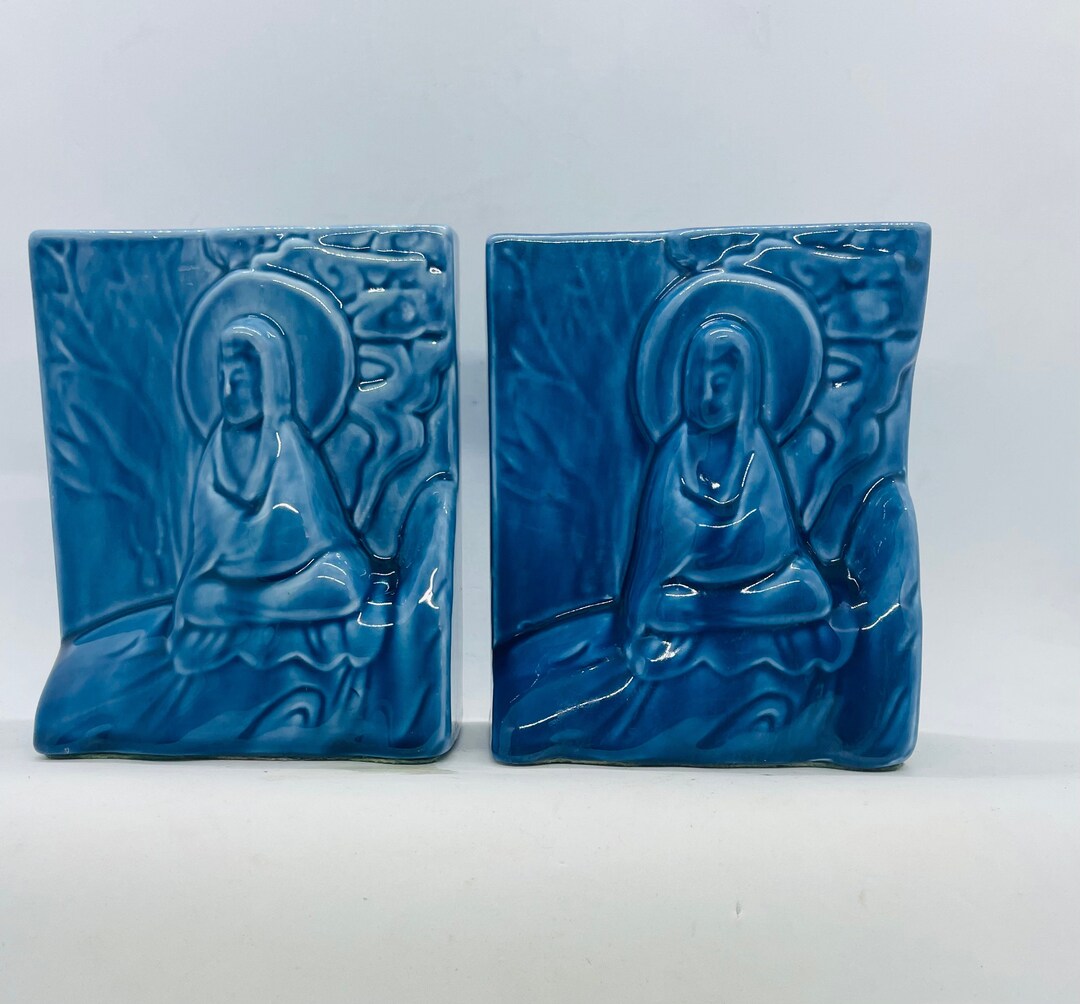1946 Heavy Ceramic Buddha Blue Bookends Made in USA Etsy