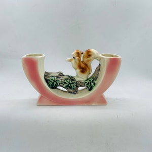 Pink double vase with squirrel on log motif, Made in Japan