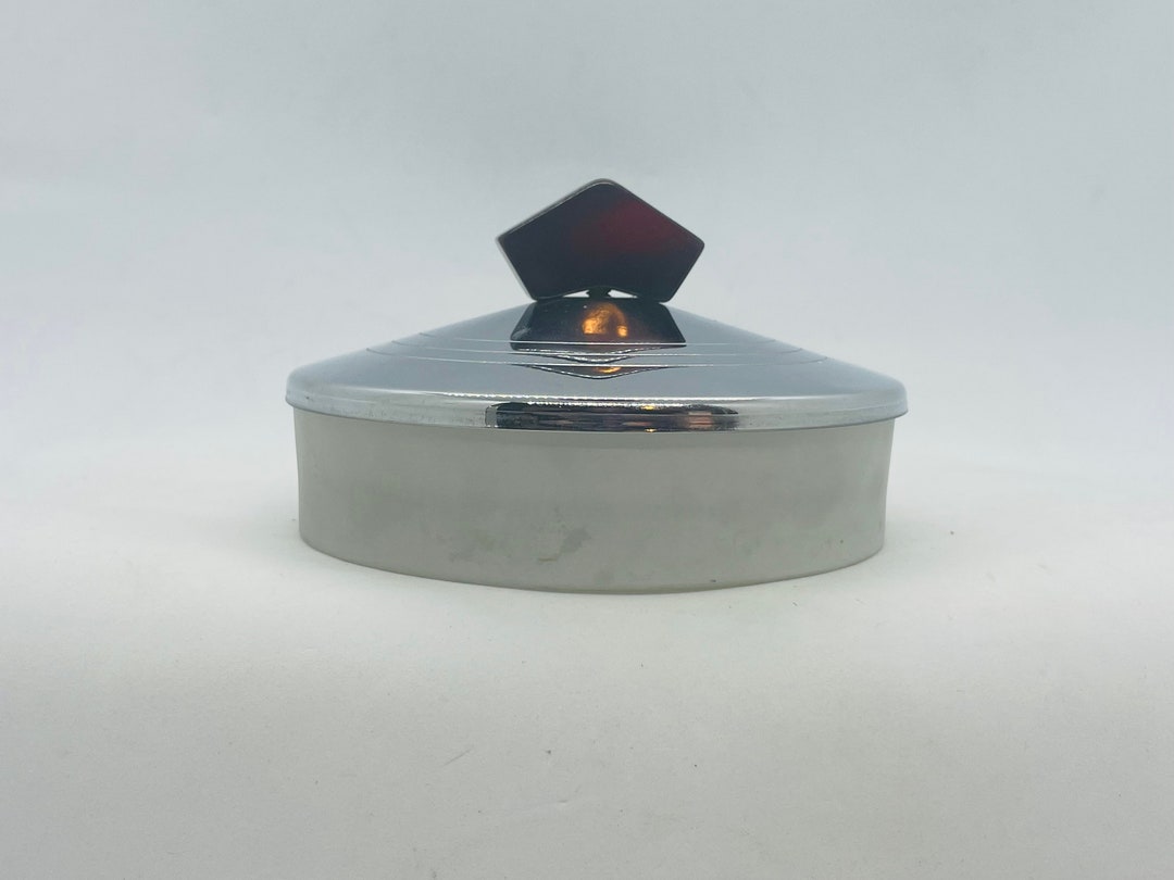 BAKELITE Lid, Silver and Glass POWDER Jar, Art Deco Glass Round Power ...