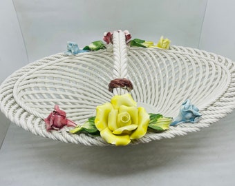 Porcelain Basket, with rose detailing, Bassano Italy