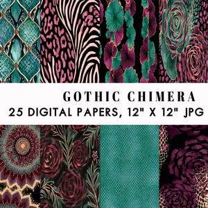 Puede incluir: Una colección de 25 papeles digitales titulados GOTHIC CHIMERA, que miden 30,48 cm por 30,48 cm a 300 DPI. Los patrones presentan motivos florales en turquesa y morado, estampados animales y texturas geométricas con detalles dorados sobre negro.