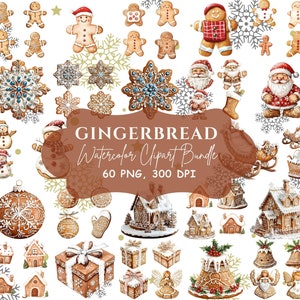 Puede incluir: Un conjunto de clipart de acuarela con temática de pan de jengibre. El conjunto incluye figuras de pan de jengibre, casas, adornos, copos de nieve y otros elementos festivos. Las ilustraciones son de estilo vintage y son perfectas para agregar un toque de fantasía a tus proyectos navideños.