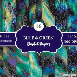 Watercolor Blue Green Abstract Seamless Pattern, Junk Journal, Commercial Use, Instant Download, Repeating File for Sublimation