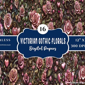 May include: A seamless digital paper pattern featuring a Victorian gothic floral design with pink roses, gold accents, and hearts. The pattern is 12 inches by 12 inches and 300 DPI.