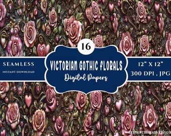 Victorian Gothic Floral Pattern, Dark Roses, Gemstone Digital Wallpaper (JPG)