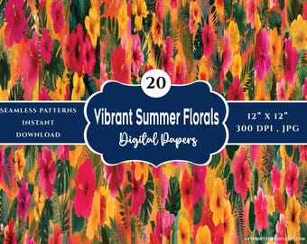 Tropical Floral Seamless Pattern, Vibrant Summer Backgrounds (JPG Digital Prints)