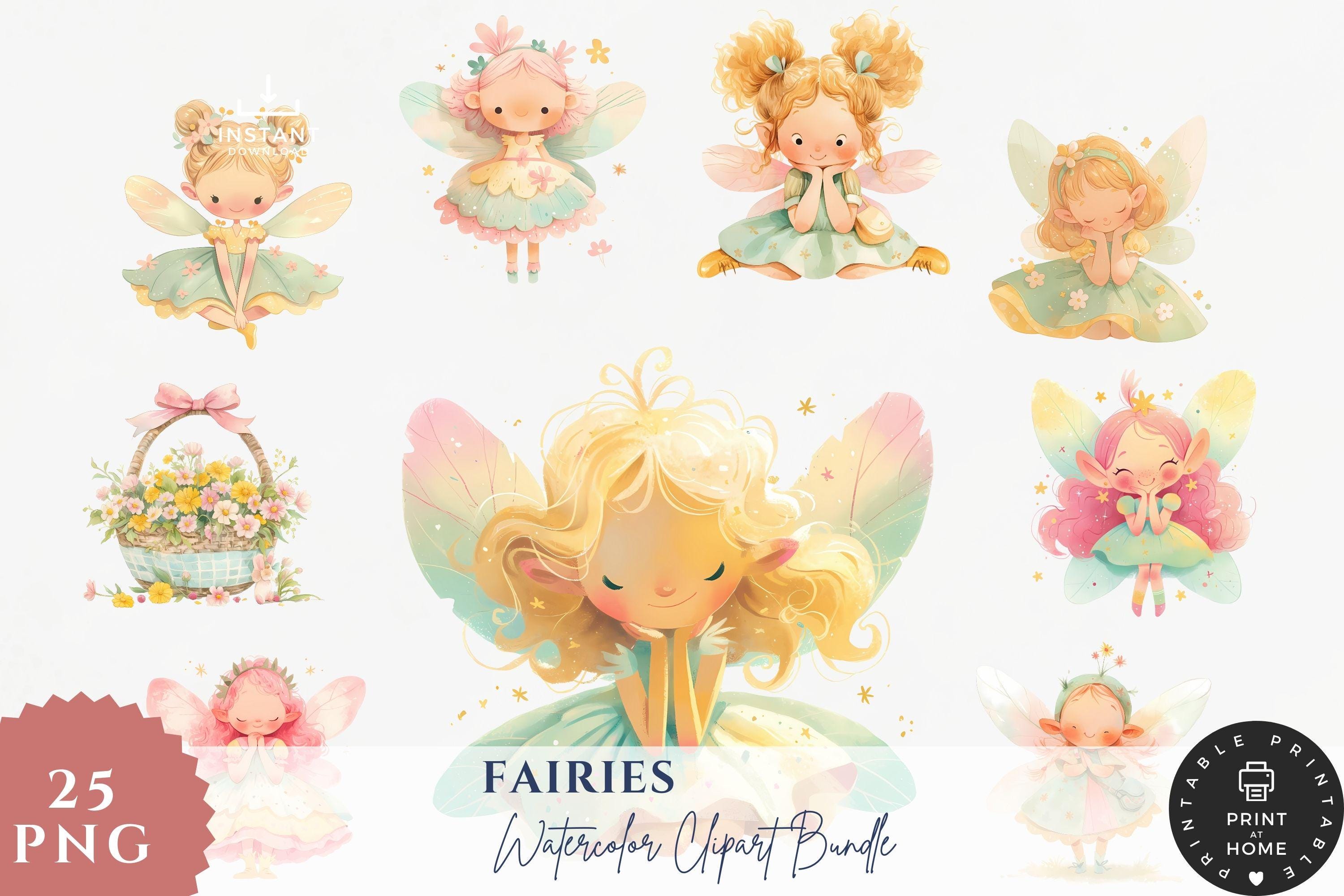 Pink Fairy Clipart Bundle, Watercolor Fairies for Baby Shower & Nursery ...