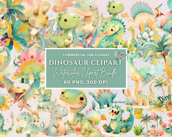 Watercolor Dinosaur Clipart PNG Bundle, Nursery Art (Digital Download)