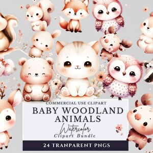 Bundle de cliparts bébé animaux de la forêt, cerf d'art Safari mignon, renard, hibou, lapin, tamia, raton laveur, ours, écureuil, lapin téléchargement numérique Png