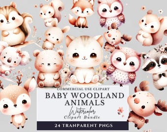 Baby Woodland Animals Clipart Bundle, Nursery Art (Digital Download)