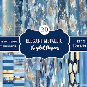 Blue Gold Abstract Floral & Glitter Backgrounds, Elegant Metallic Digital Papers, Luxury Seamless Patterns for Sublimation, Instant Download