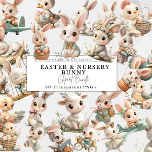 Cute Easter Bunny Clipart Bundle, Pastel Watercolor Spring Bunnies, Bunny Clipart for Baby Nursery Baby Shower Invitations Birthday Invites