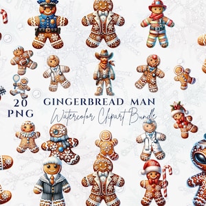 May include: A watercolor clipart bundle featuring 20 gingerbread men in various professions and styles. The gingerbread men are decorated with icing and dressed as a police officer, doctor, cowboy, and more. Some hold a guitar, a basketball, and a soccer ball.