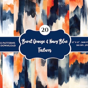 Puede incluir: 20 patrones digitales sin costuras en naranja quemado y azul marino. Cada patrón mide 30,48 cm por 30,48 cm y 300 DPI. Los patrones son abstractos y presentan pinceladas.